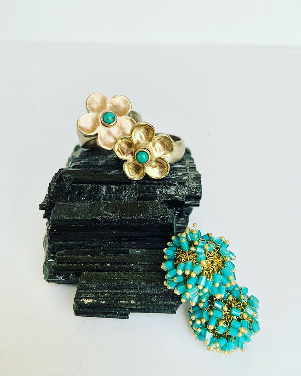 Turquoise Flower Ring - Yellow Gold