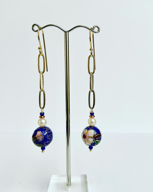 Blue Cloisonné Ball Link Earrings