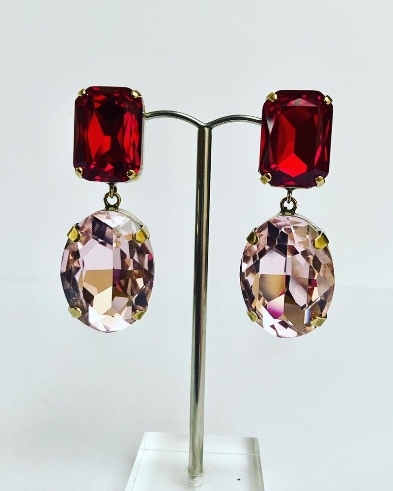 Ruby Red + Pink Rose Oval Earrings