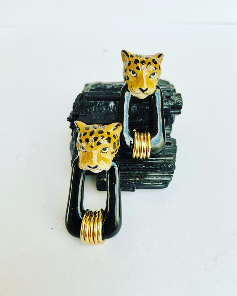 French Porcelain Egyptian Leopard Earrings