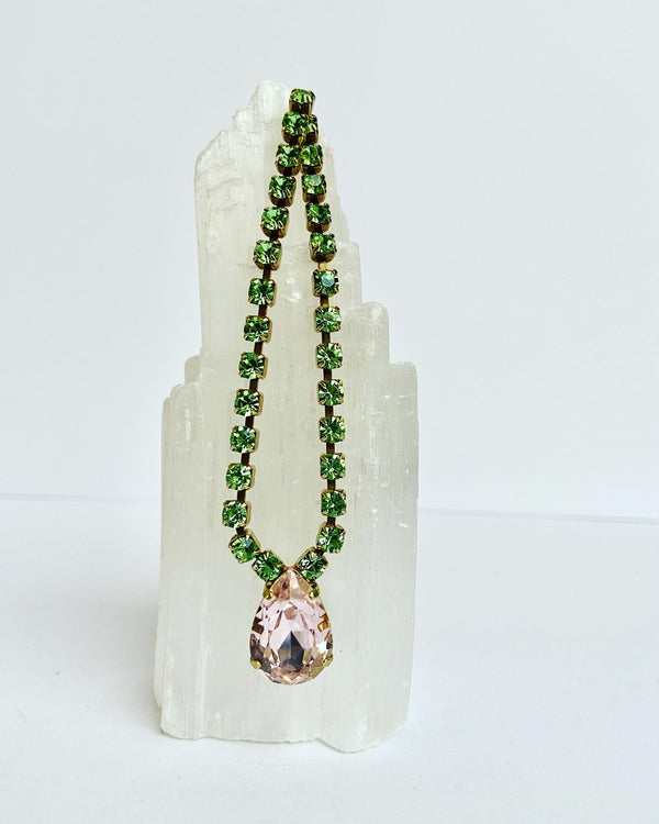 Bohemian Crystal Necklace-Peridot + Pink Rose