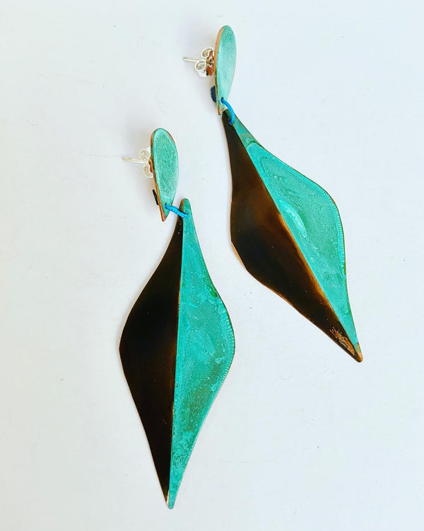 Elongated Green Black Teardrop Earrings