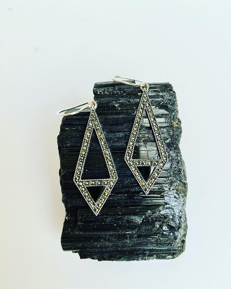 Marcasite Onyx Triangle Earrings