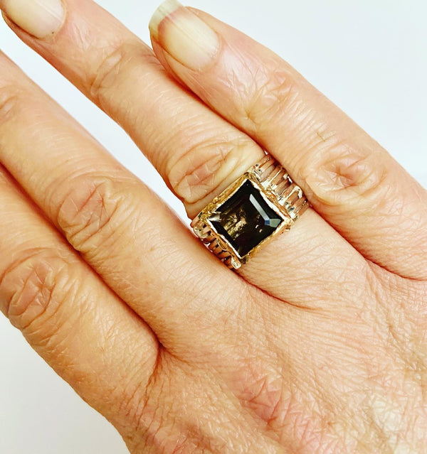 Smokey Quartz Square Linear Ring