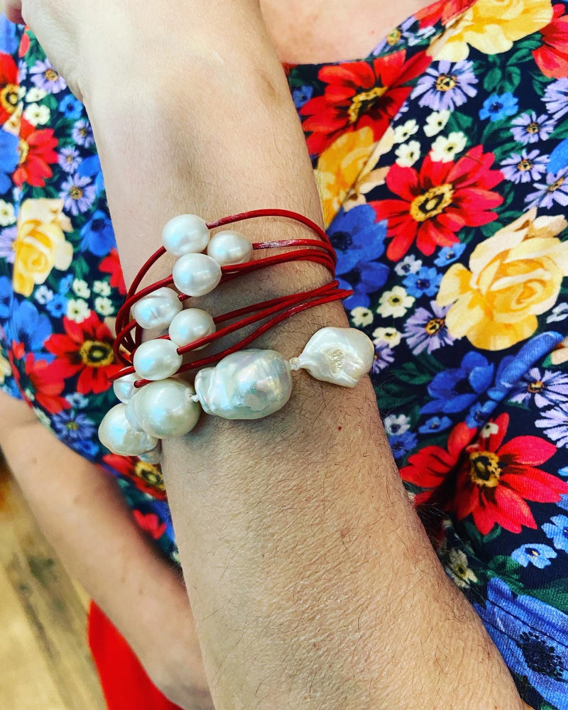 Freshwater Pearl + Leather Bracelet -7 colours