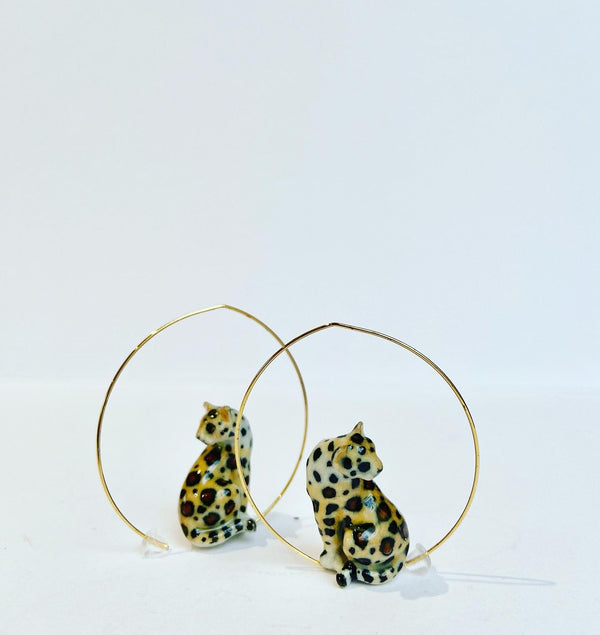 French Porcelain Sitting Leopard Hoops