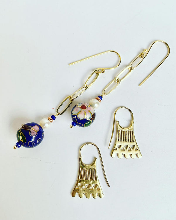 Blue Cloisonné Ball Link Earrings