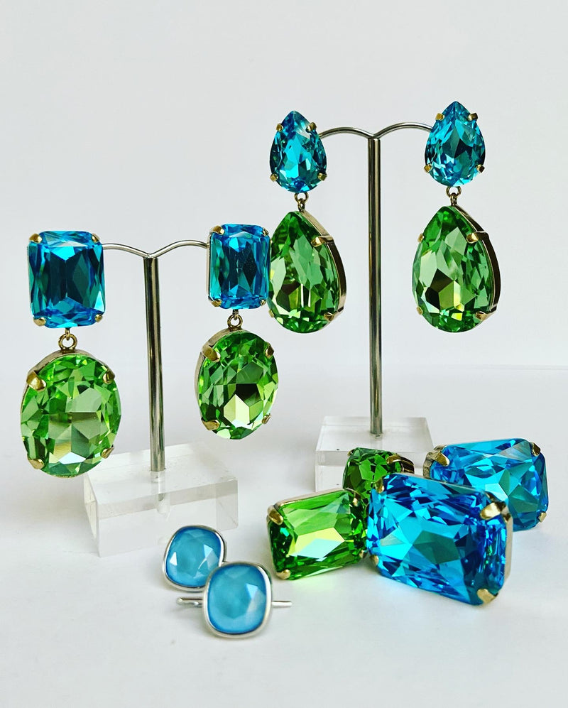 Bohemian Oval Crystal Earrings- Acqua + Peridot