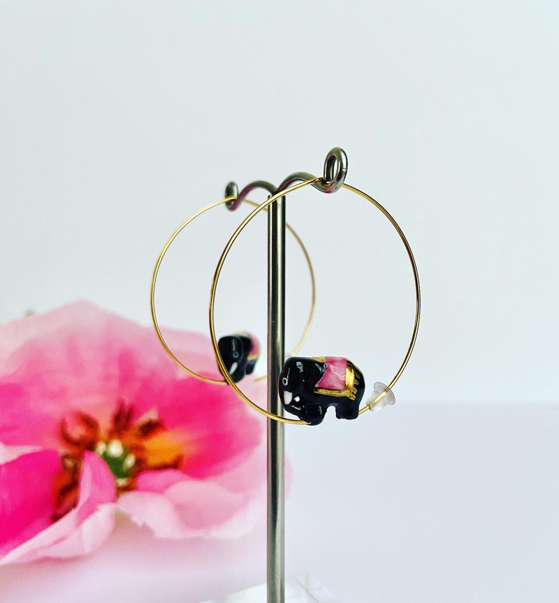 French Porcelain Black Elephant Hoop Earrings