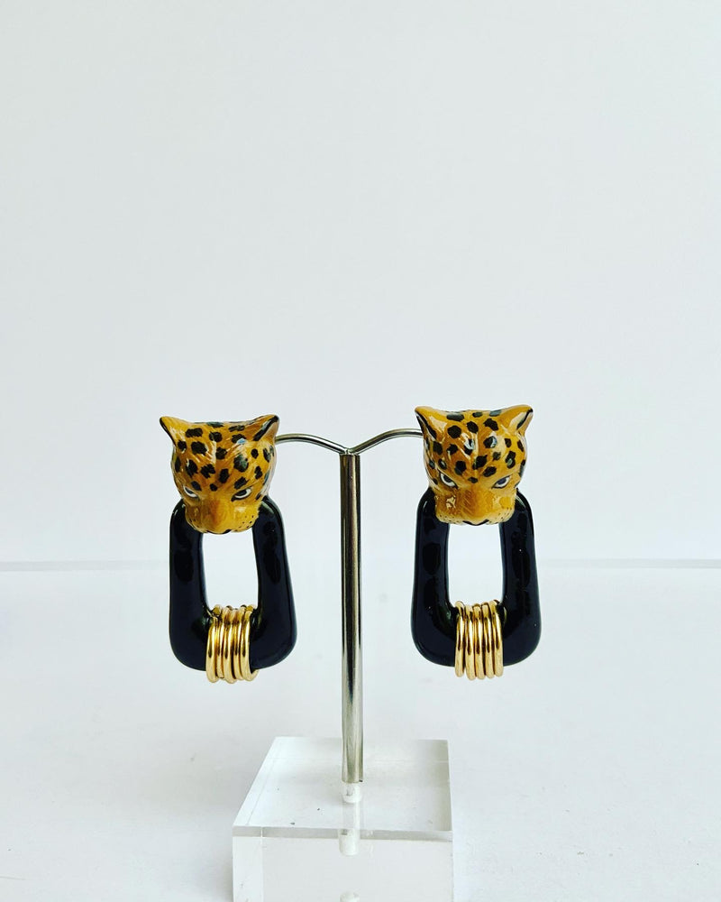 French Porcelain Egyptian Leopard Earrings