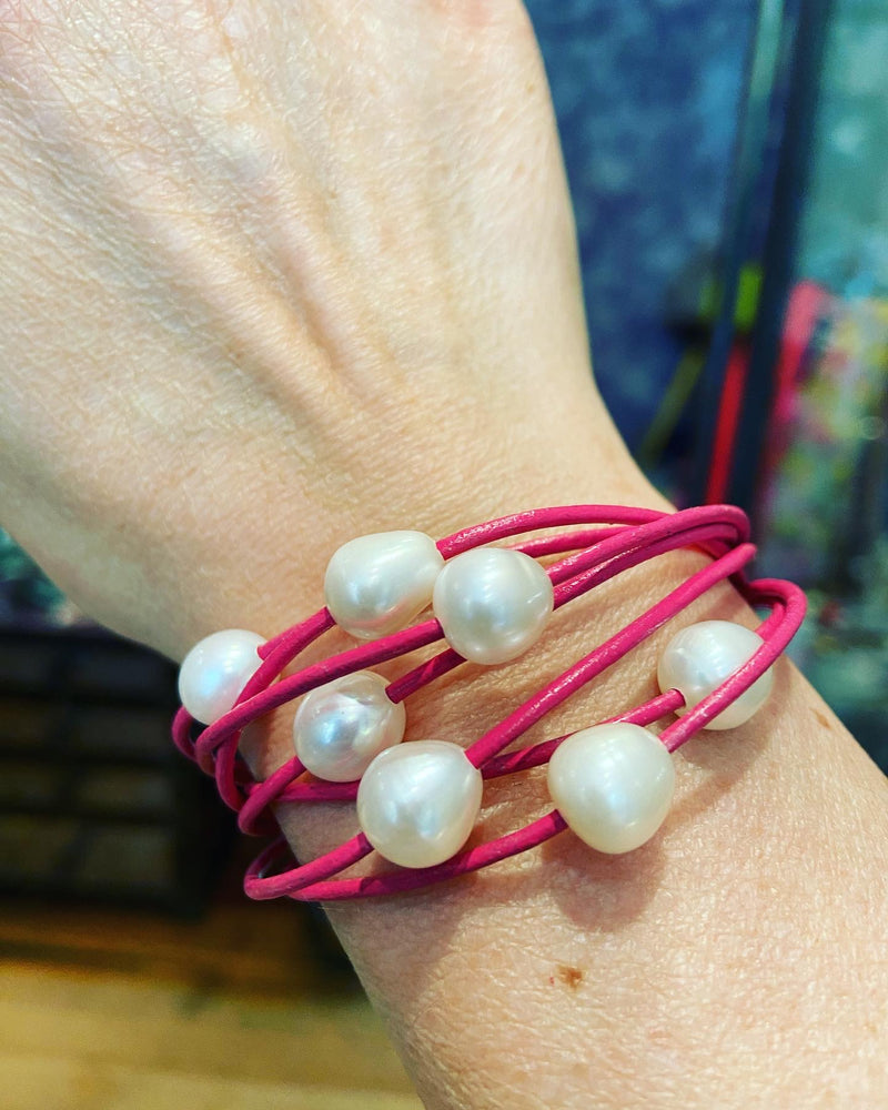 Freshwater Pearl + Leather Bracelet -7 colours