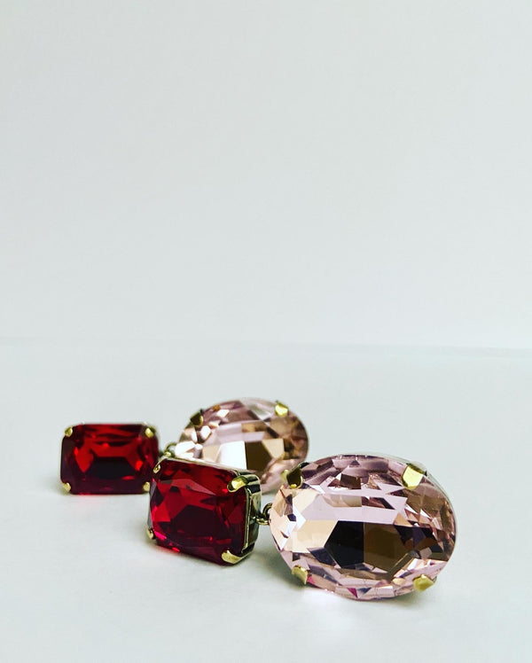 Ruby Red + Pink Rose Oval Earrings