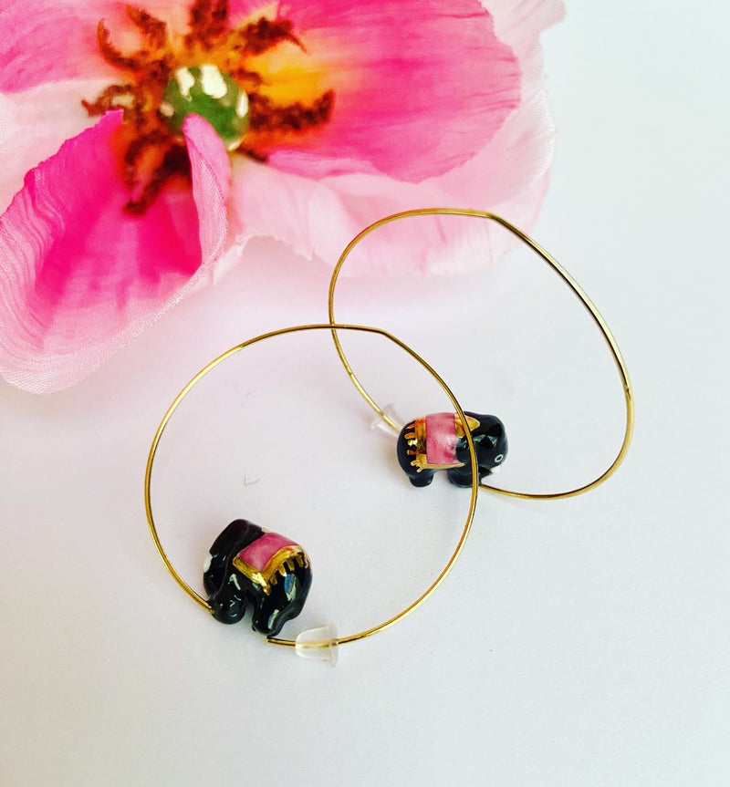 French Porcelain Black Elephant Hoop Earrings