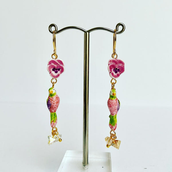 French Porcelain Pink Parrot Earrings