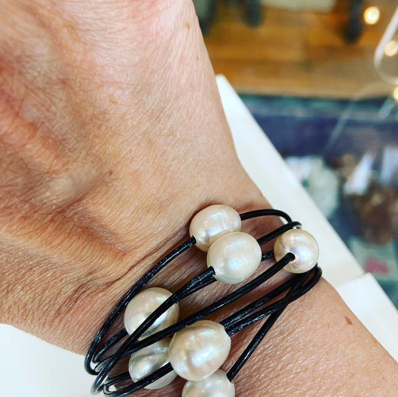 Freshwater Pearl + Leather Bracelet -7 colours