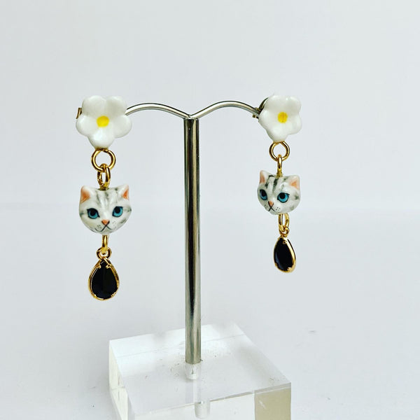 French Porcelain Tabby Cat Earrings