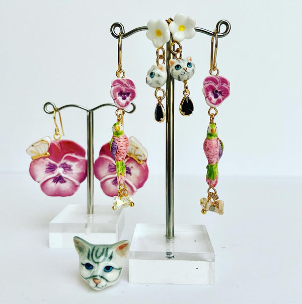 French Porcelain Pink Parrot Earrings