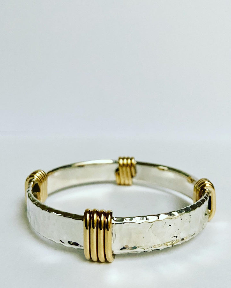 Hammered sterling + brass bangle -wide