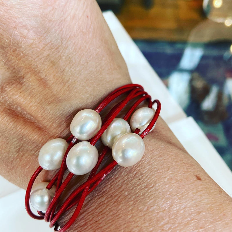 Freshwater Pearl + Leather Bracelet -7 colours