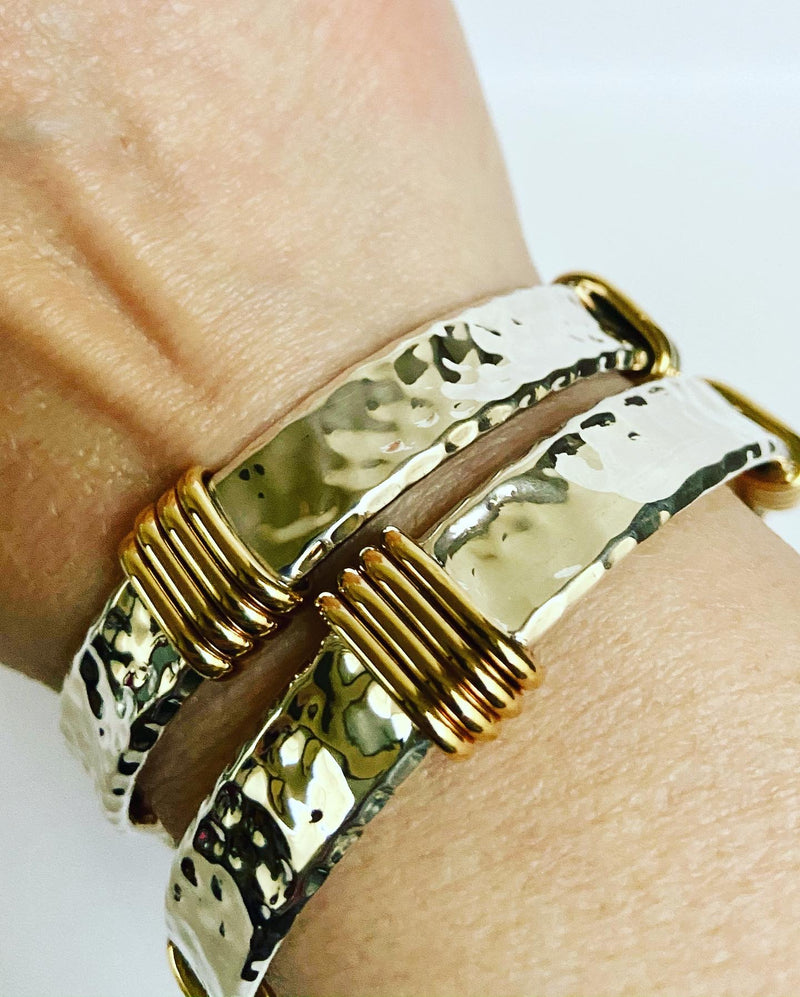 Hammered sterling + brass bangle -wide