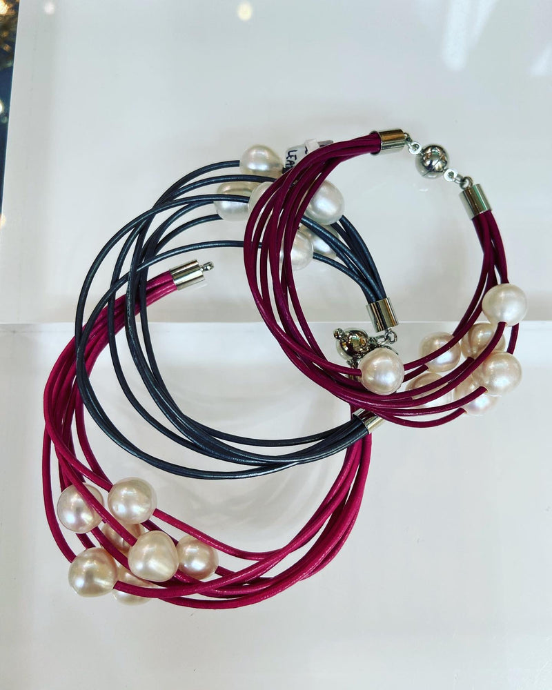 Freshwater Pearl + Leather Bracelet -7 colours