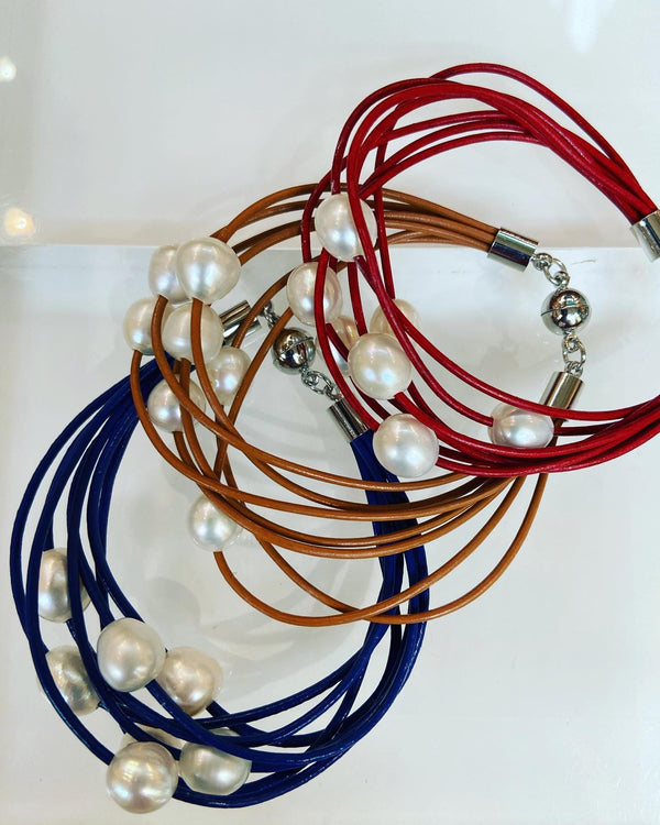 Freshwater Pearl + Leather Bracelet -7 colours