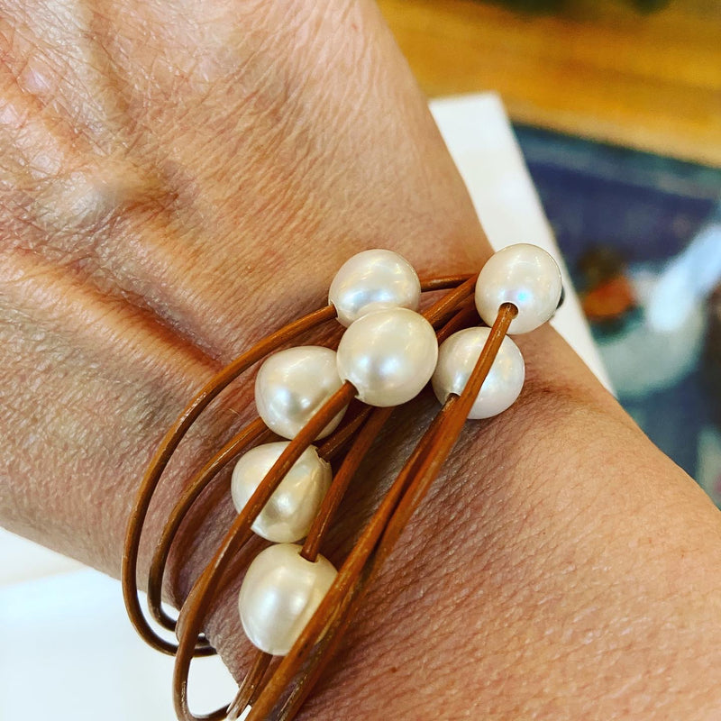 Freshwater Pearl + Leather Bracelet -7 colours